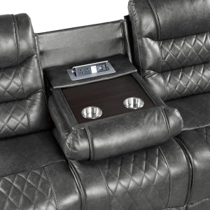 Gray recliner with cup holders and power outlet