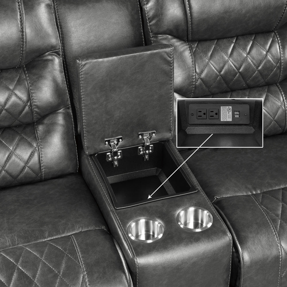Gray recliner with cup holders and power outlet.