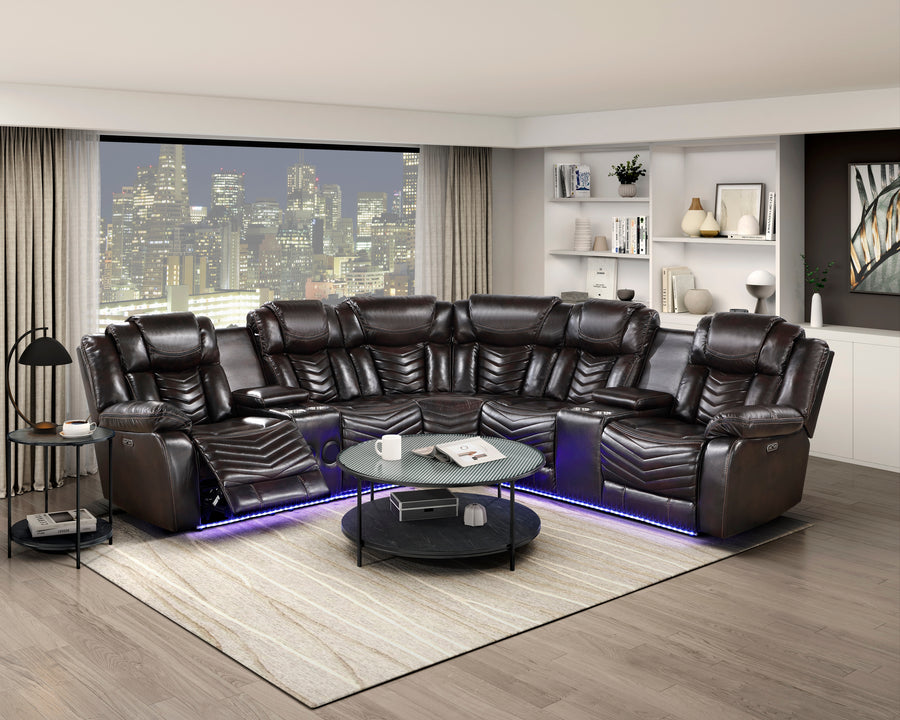 Ramone 3-Piece Power Reclining Sectional with Consoles, Speakers, Subwoofer and LED Lighting Complete Room