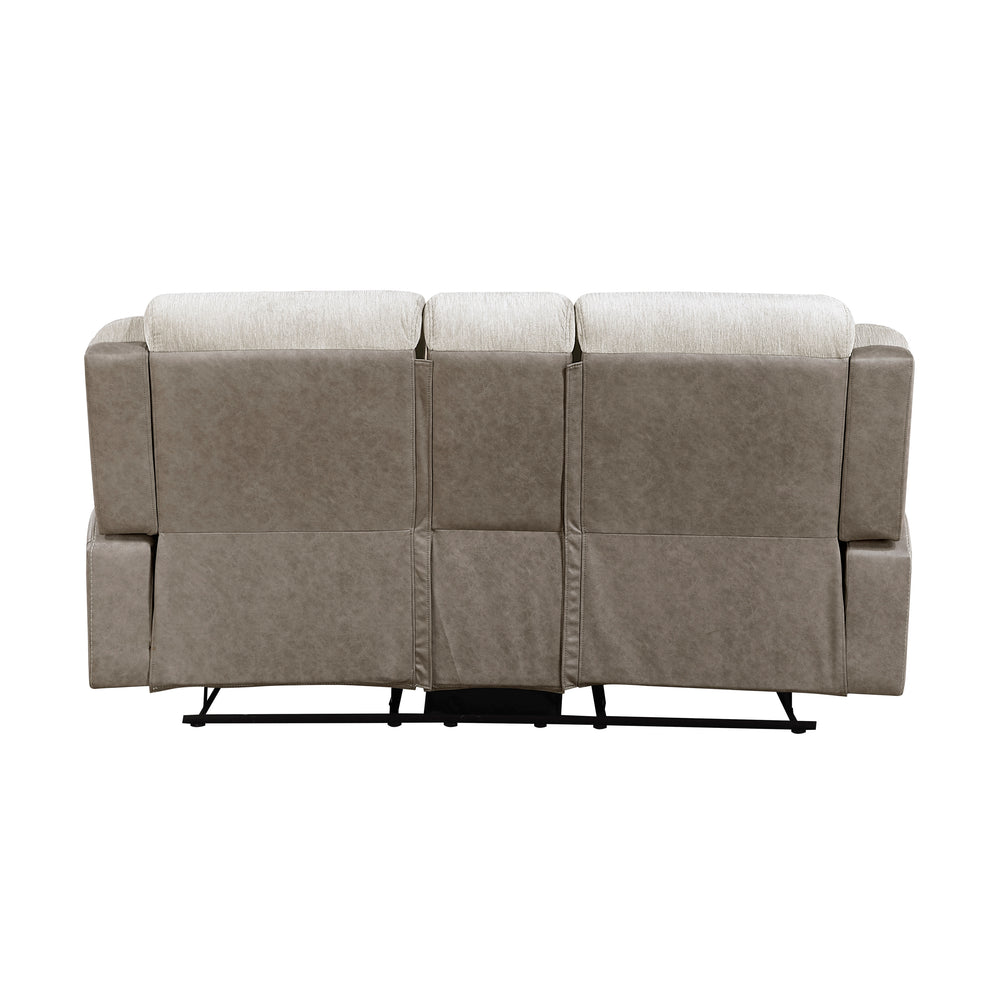 Beige loveseat with white cushions on a white background