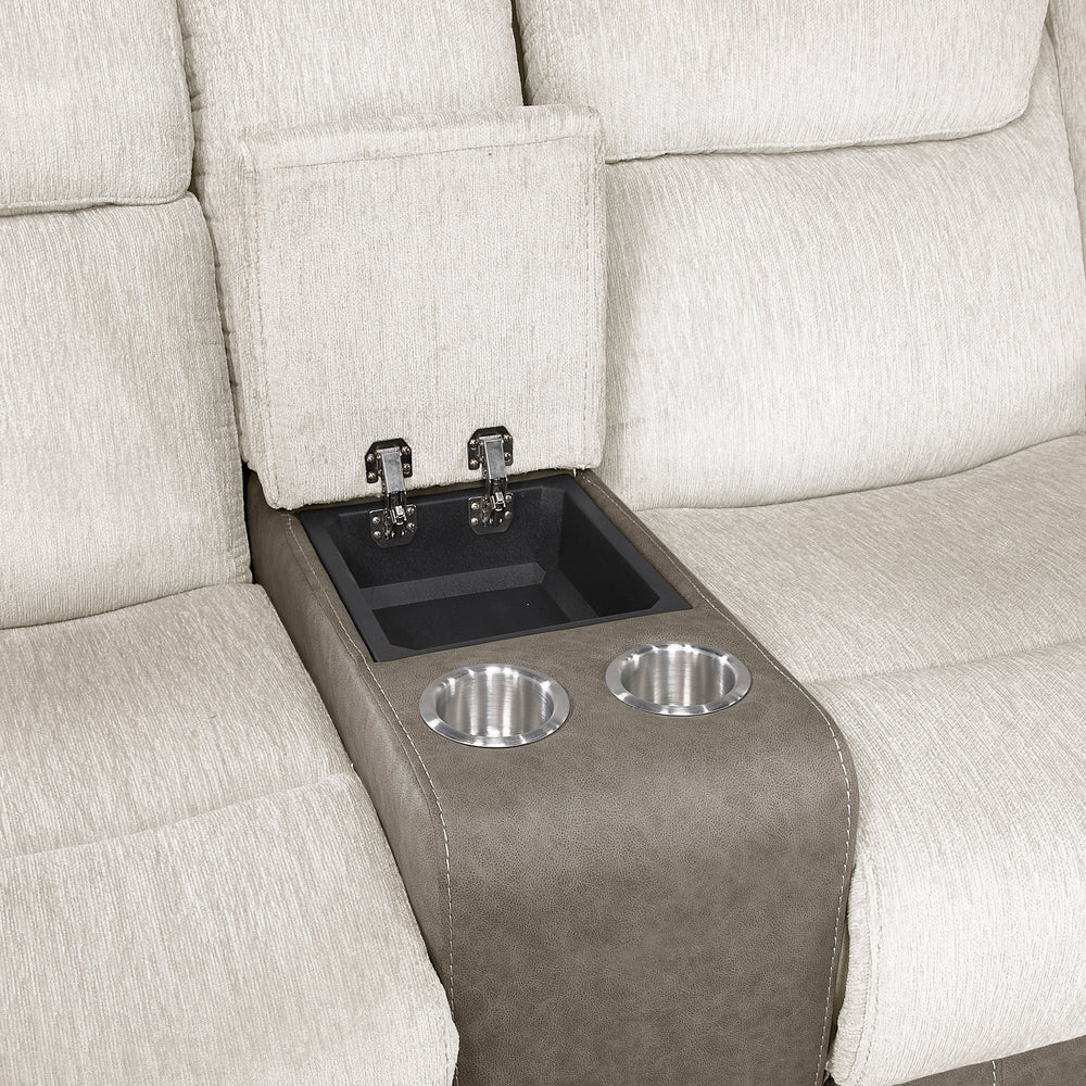 Intricate detail of a beige recliner with cup holders and a small sink embedded in the armrest.