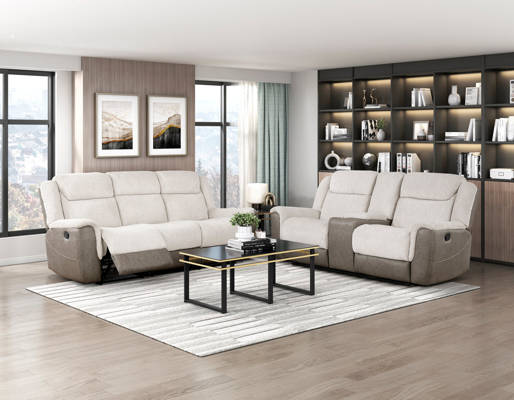 Modern living room with beige  sofa, coffee table, and bookshelf.