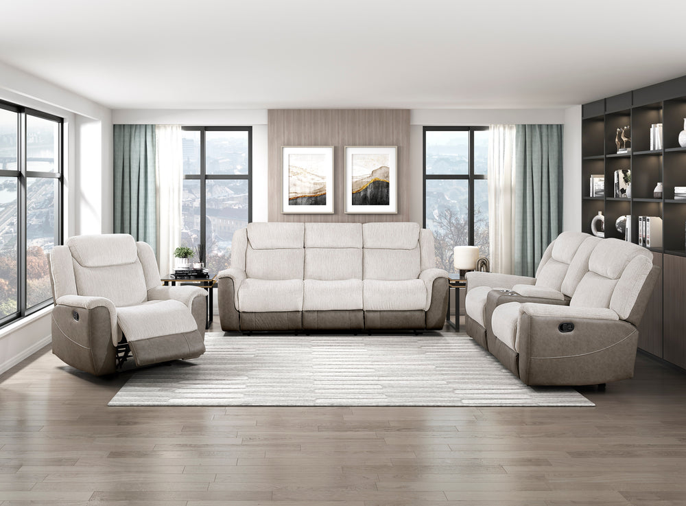 Modern living room with beige sofa set and large windows.