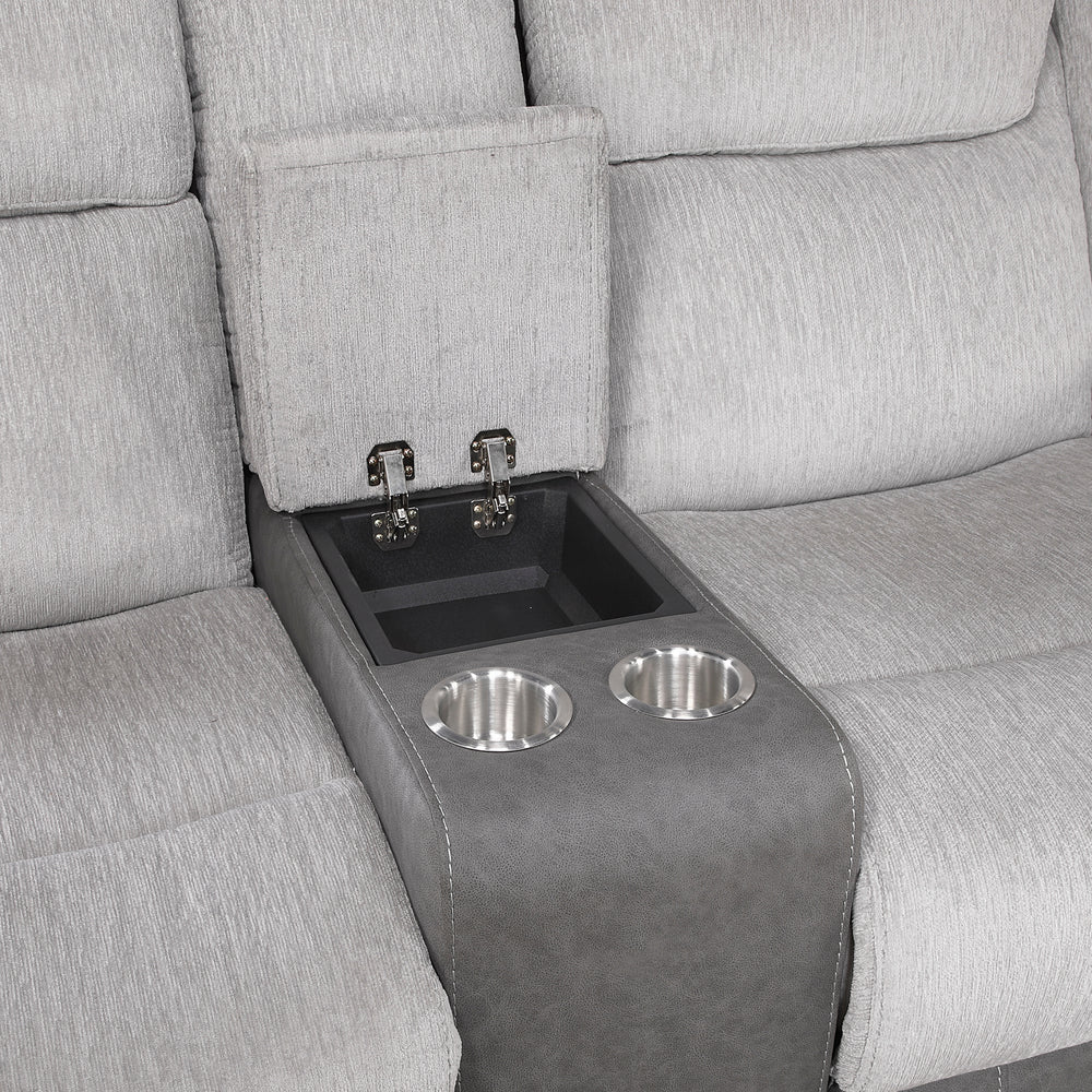 Gray loveseat with an embedded cup holder and tray