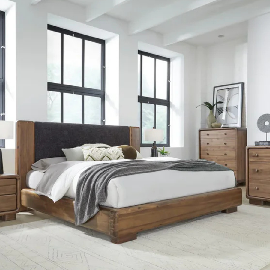 Bentley Chenille Upholstered Acacia Wood Platform Bed in Black and Impala Complete Room