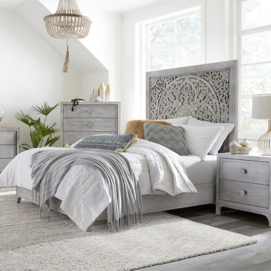Coastal Chic Carved Platform Bed in Washed White Complete Room