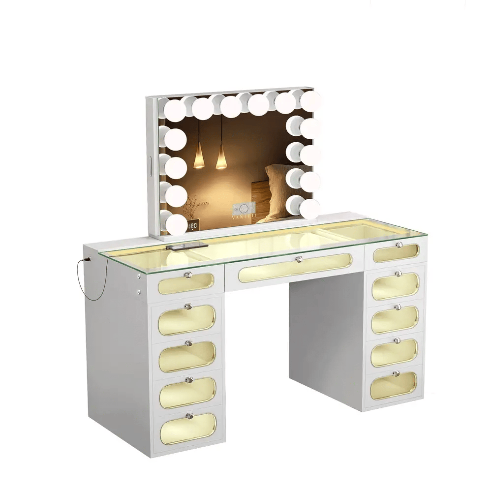 Emily Vanity Desk-11 Glass Fronted Drawers Vanity with Vanity Mirror Jewelry Cabinet