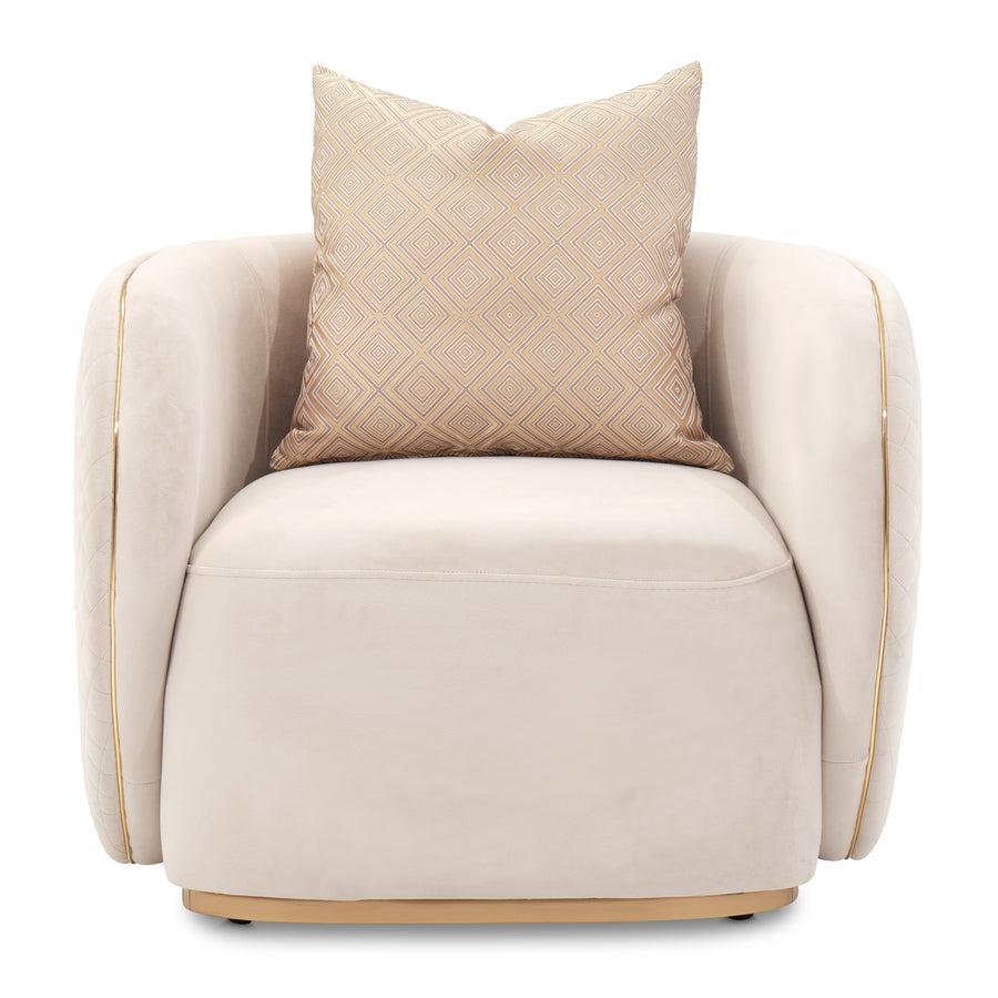 Beige armchair with a patterned pillow on a white background