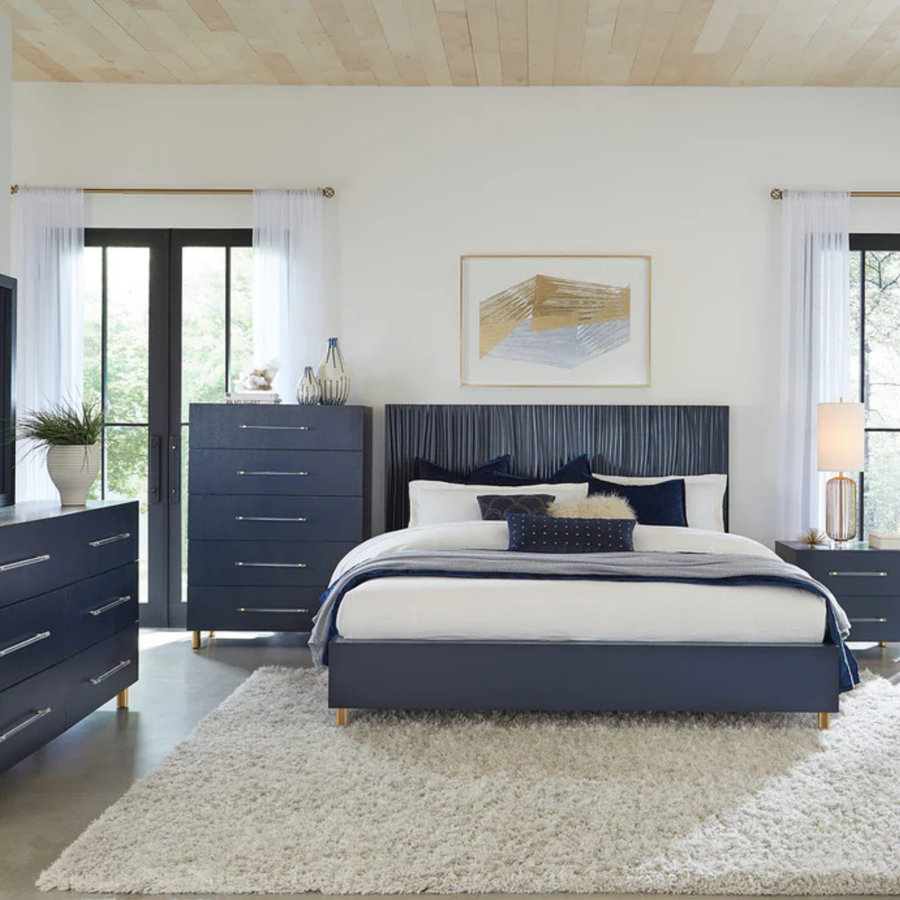 Mercer Wave-Patterned Bed in Navy Blue and Burnished Brass Complete Room