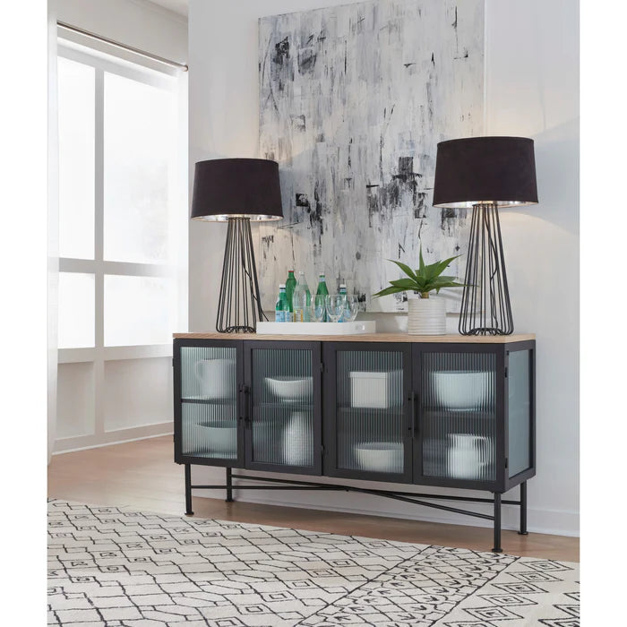 Matrix Four Door Ribbed Glass, Metal and Wood Sideboard in Natural Ash and Black 36Hx66Wx18D inches 27.2 cuft 191 lbs