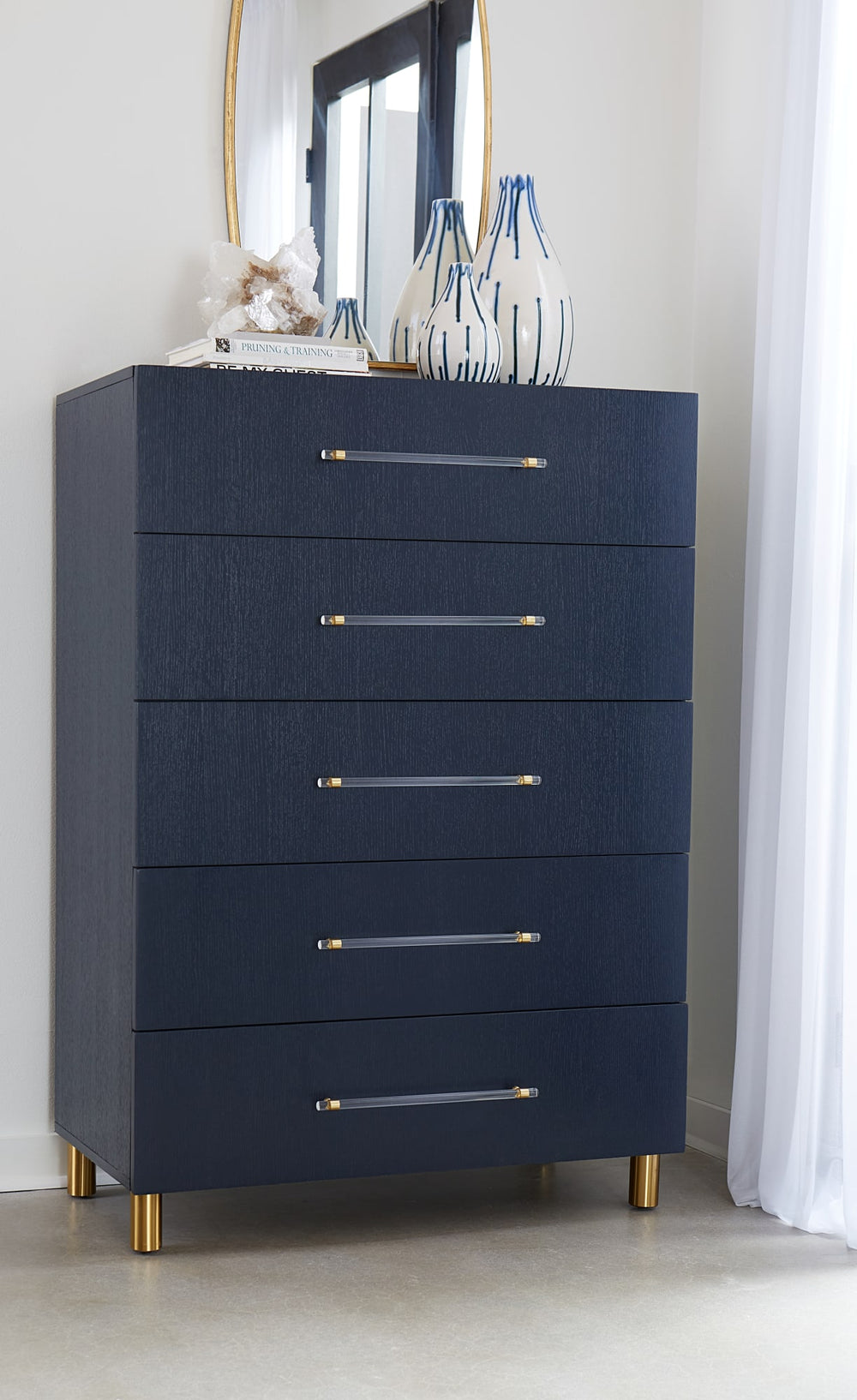 Mercer Five Drawer Chest in Navy Blue and Burnished Brass