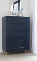 Mercer Five Drawer Chest in Navy Blue and Burnished Brass