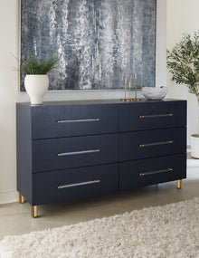 Mercer Six Drawer Dresser in Navy Blue and Burnished Brass