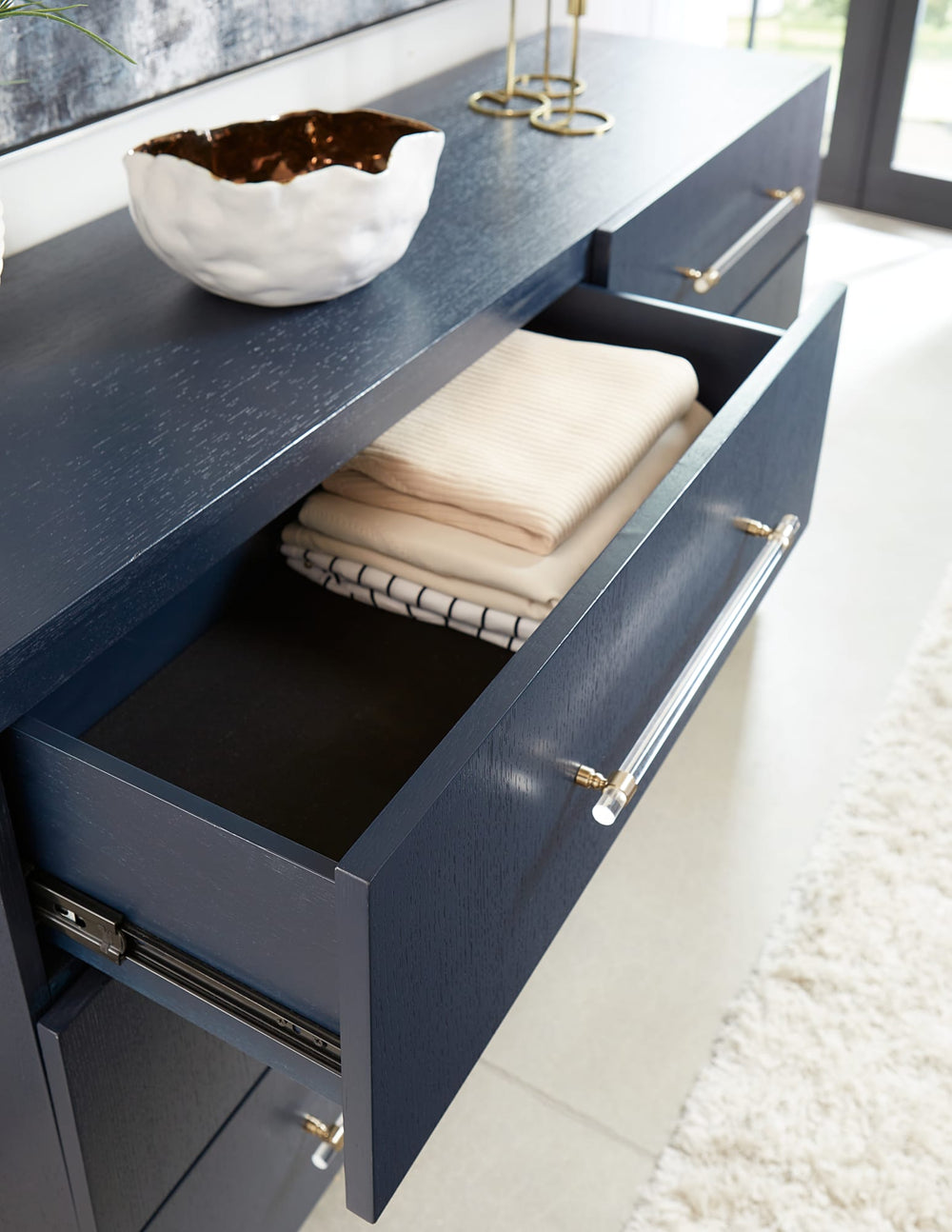 Mercer Six Drawer Dresser in Navy Blue and Burnished Brass - View 3