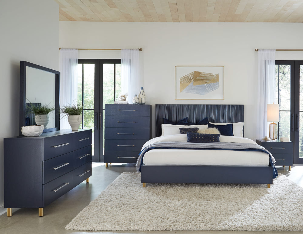 Mercer Wave-Patterned Bed in Navy Blue and Burnished Brass - View 3