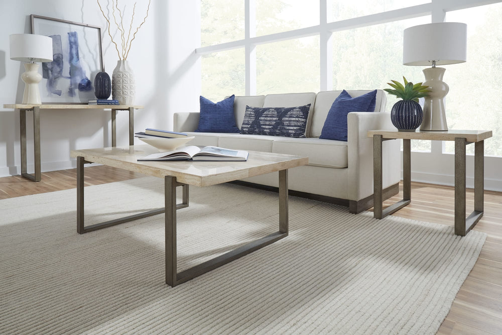 Marlowe Natural Travertine Coffee Table with Bronze Metal Base - View 2