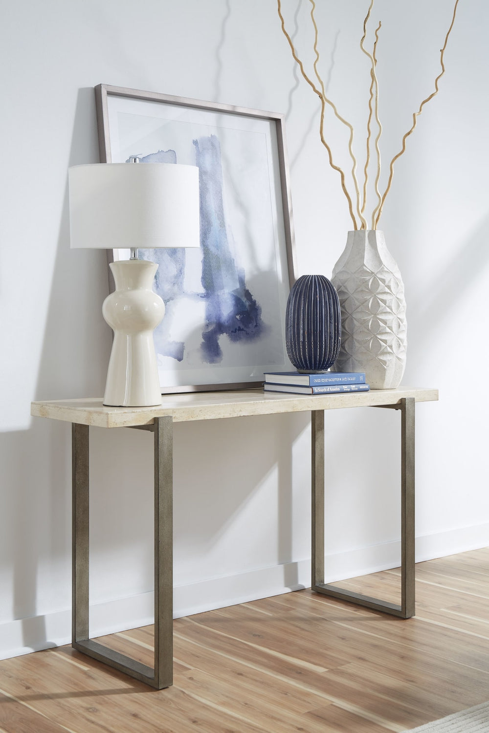 Marlowe Natural Travertine Console Table with Bronze Metal Base