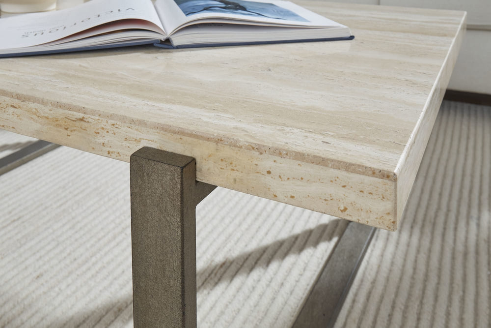 Marlowe Natural Travertine End Table with Bronze Metal Base - View 3