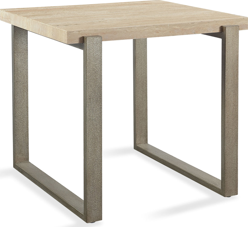 Marlowe Natural Travertine End Table with Bronze Metal Base - View 4