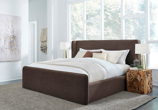 Bacall Velvet Upholstered Wingback Platform Bed in Cola alternate view