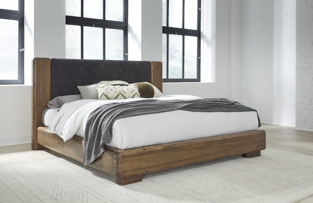 Bentley Chenille Upholstered Acacia Wood Platform Bed in Black and Impala