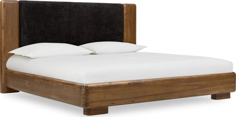 Bentley Chenille Upholstered Acacia Wood Platform Bed in Black and Impala - View 2