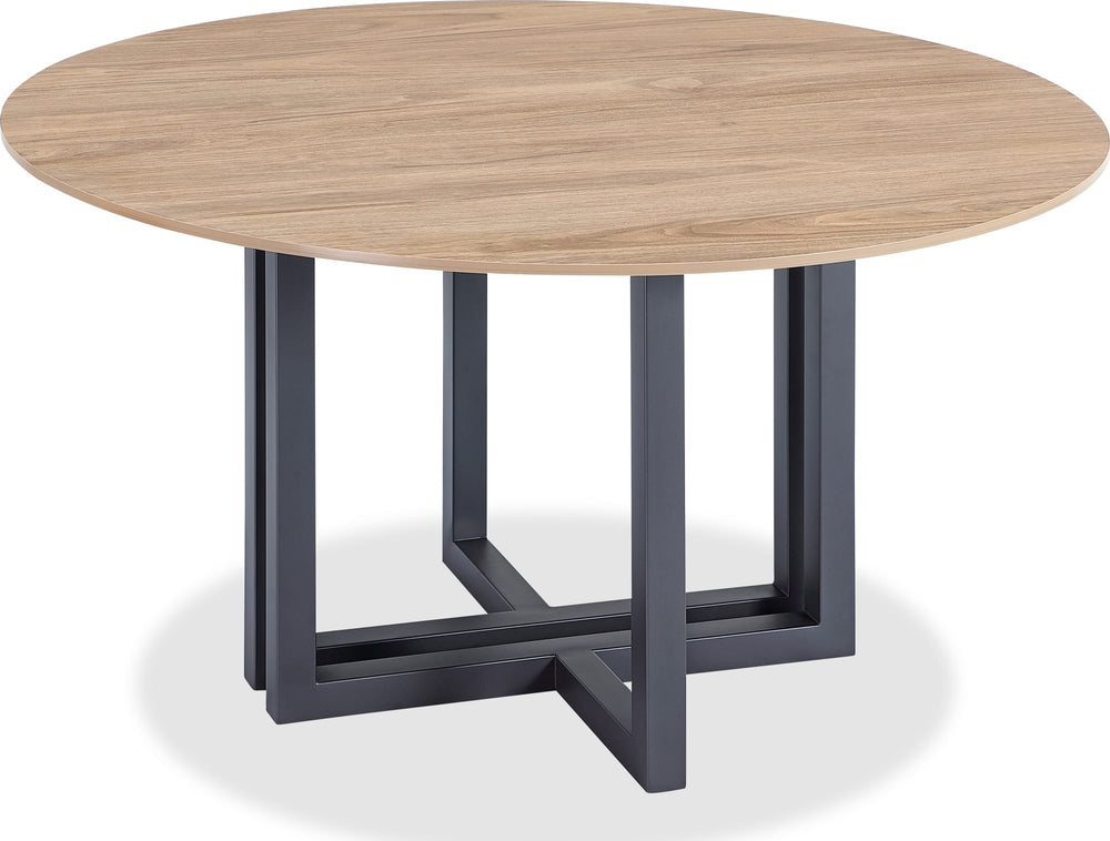 Manhattan Wood Pattern Round Sintered Stone Dining Table in Gunmetal and Washed Oak