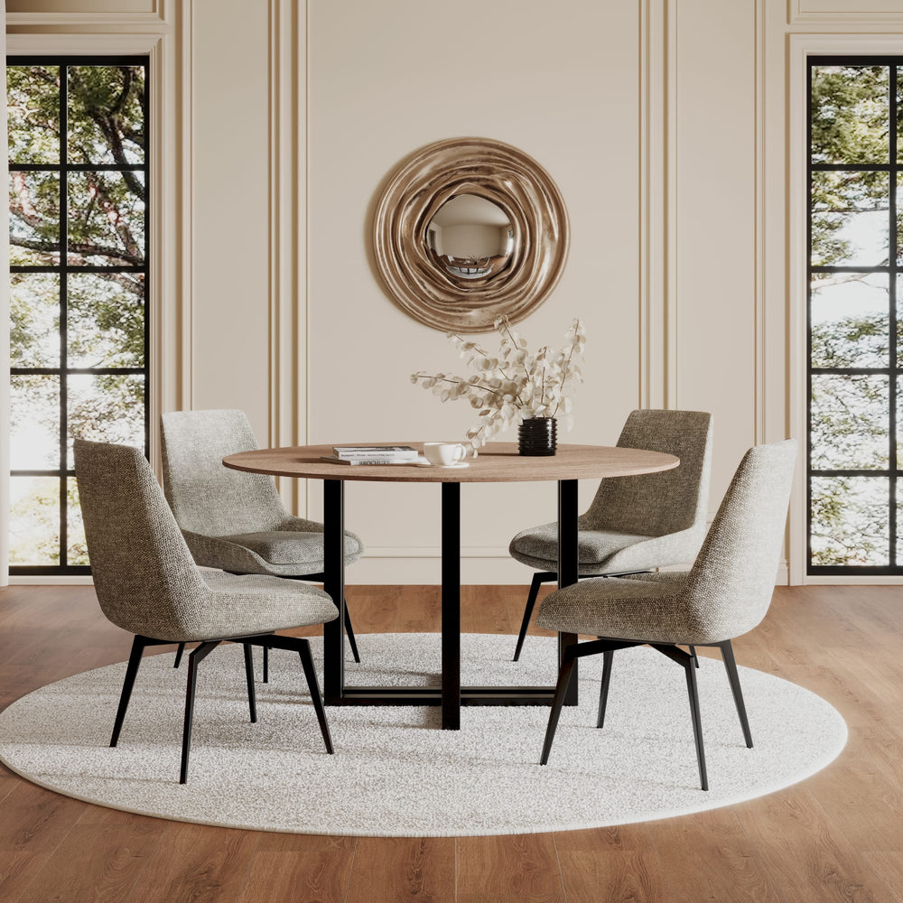 Manhattan Wood Pattern Round Sintered Stone Dining Table in Gunmetal and Washed Oak - View 6