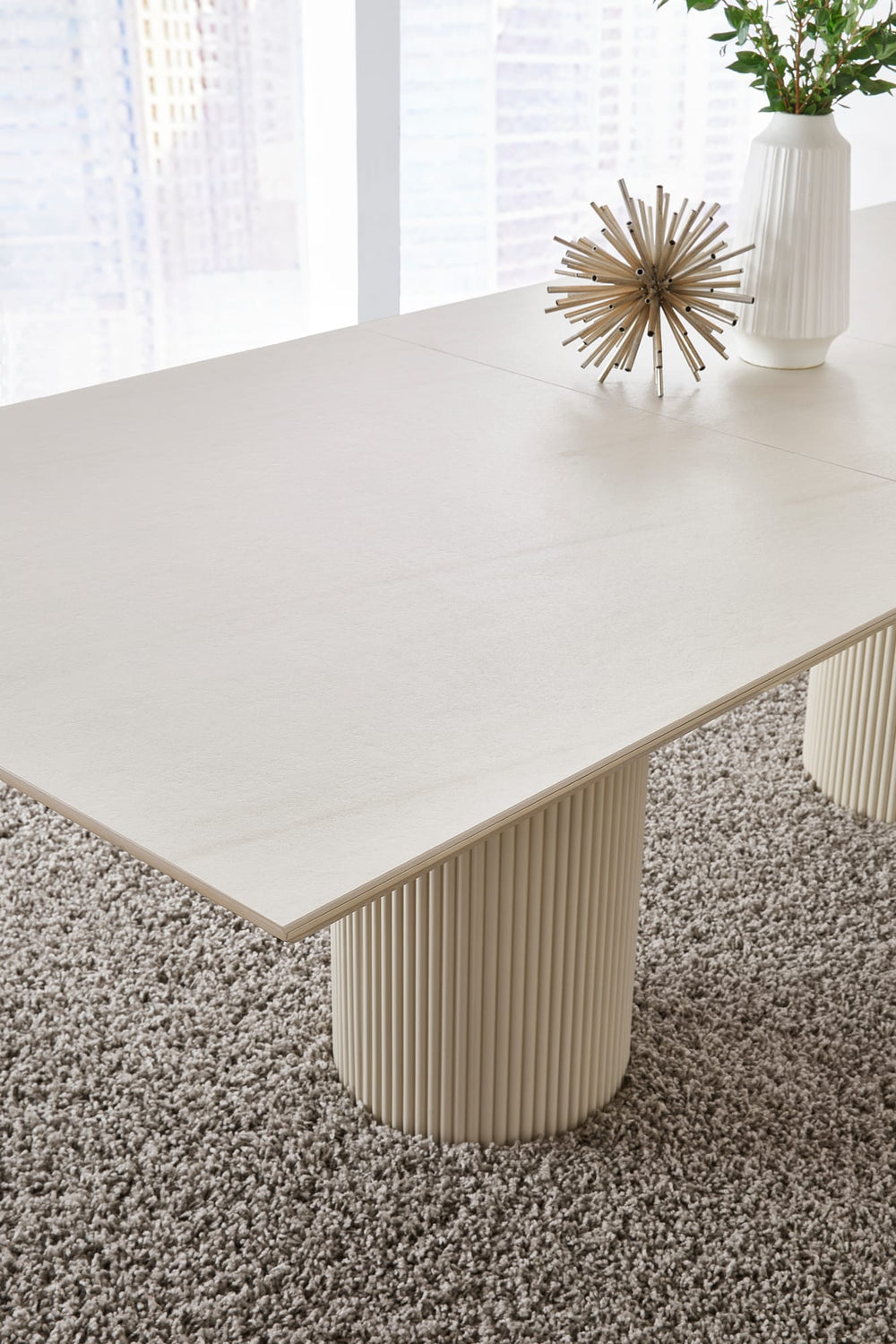 Cannon Stone Top Double Pedestal Extension Dining Table with Ivory Wood Base - View 2