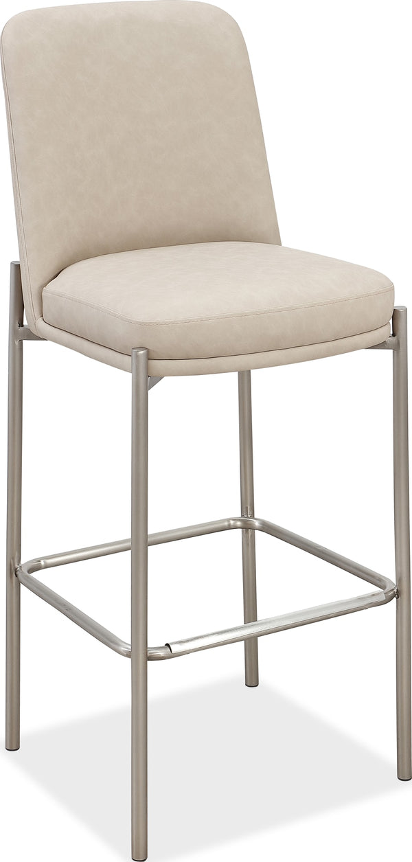 Dion Upholstered Bar Stool in Camel Synthetic Leather and Brushed Nickel Metal - View 2
