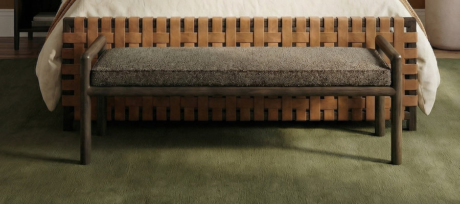 Dorchester Boucle Upholstered Wooden Bench in Basalt Grey and Pumpernickel