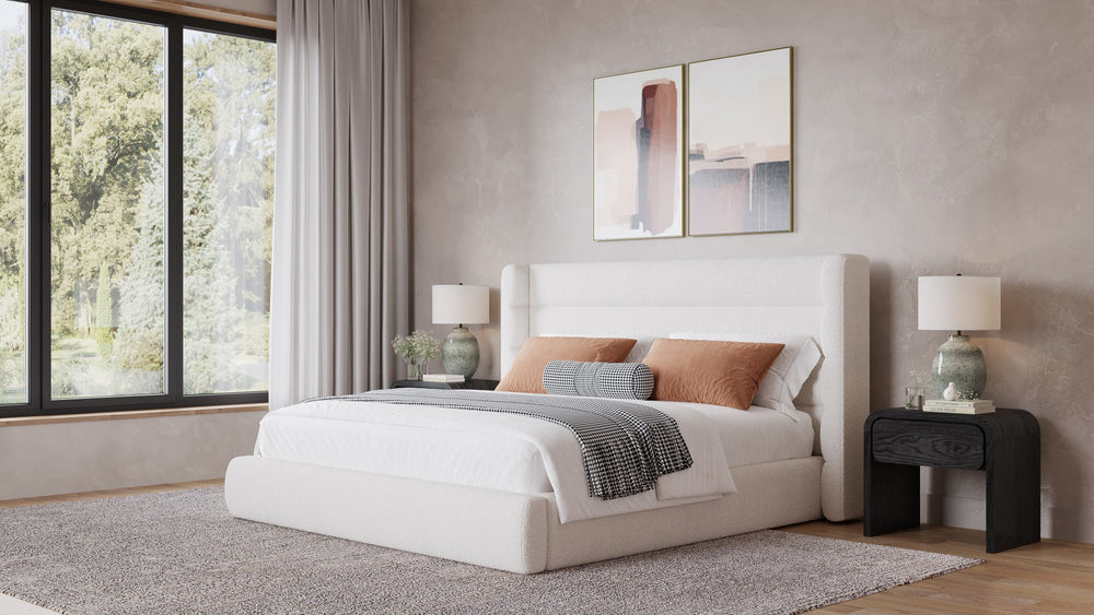 Frank Upholstered Wingback Platform Bed in Cottage Cheese Boucle
