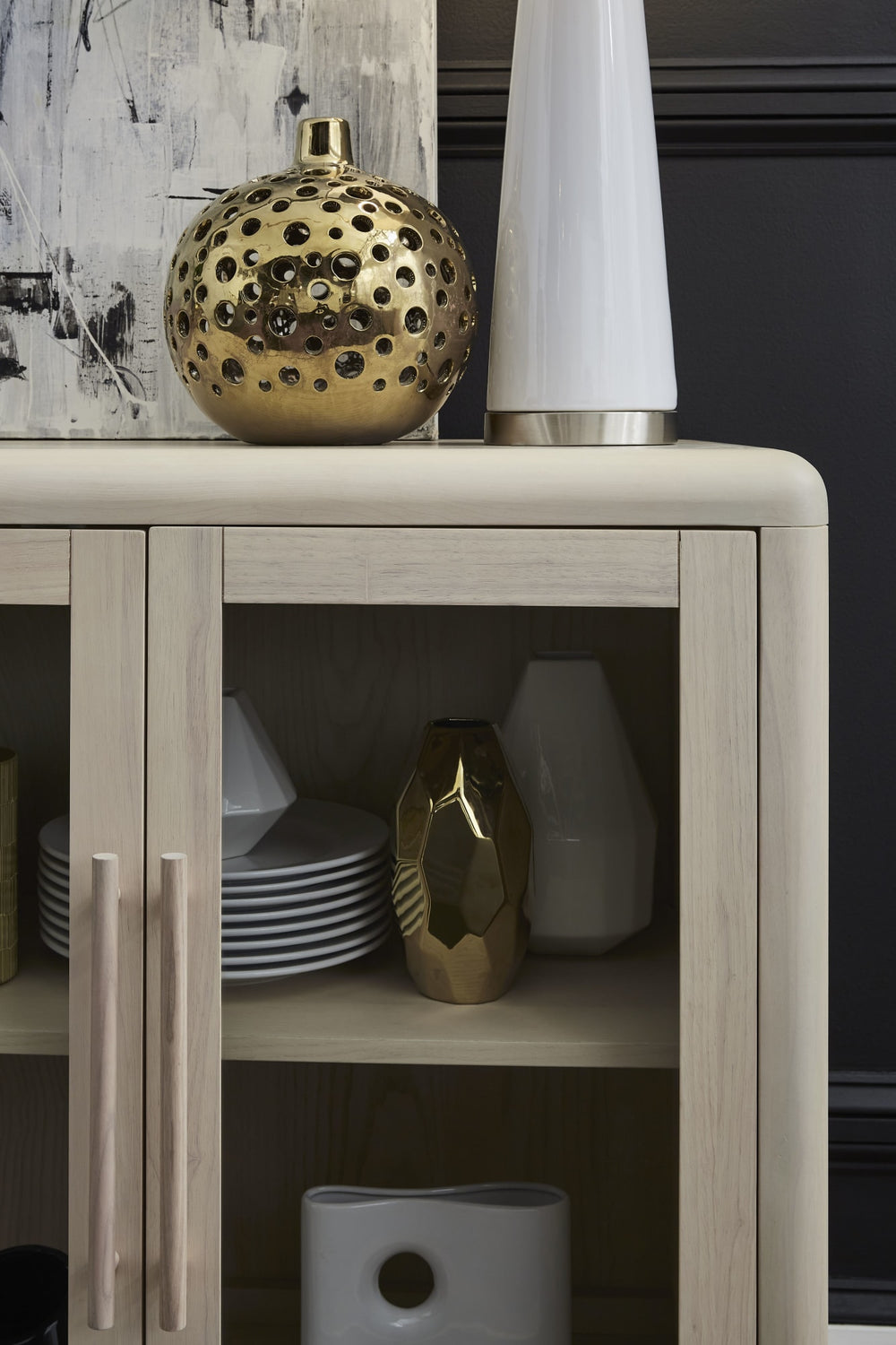 Logan Glass Door Ash Wood Sideboard in White Sand - View 2