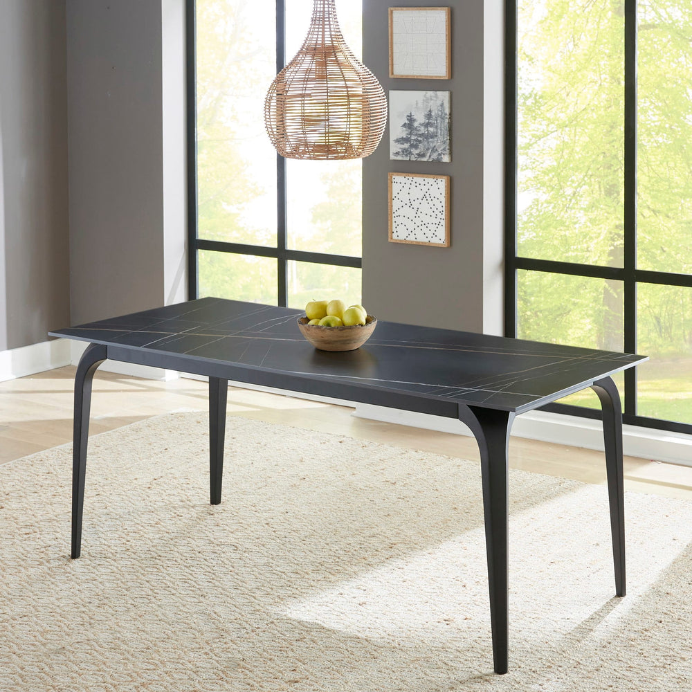 Northbrook Stone Top Rectangular Dining Table in Black Stone and Black Metal
