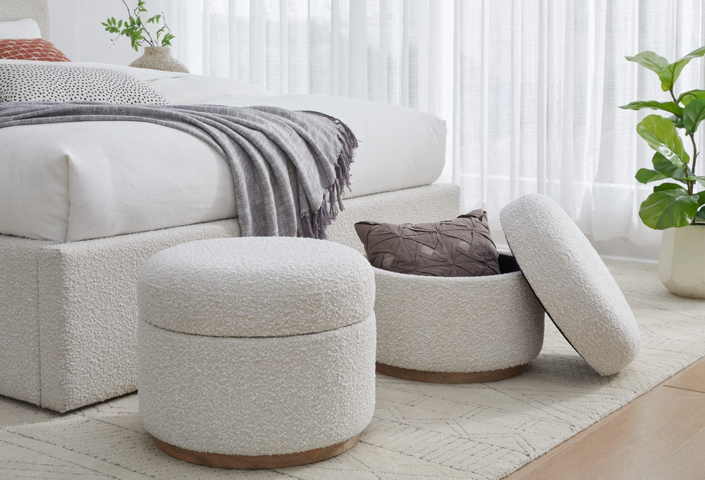Off-White Upholstered Storage Ottoman in Ricotta Boucle (2026)