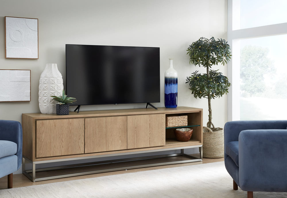 Onyx Coastal Modern 84 inch TV Console in Brushed Stainless Steel and Bisque
