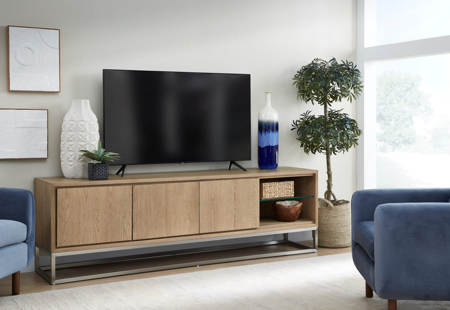 Onyx Coastal Modern 84 inch TV Console in Brushed Stainless Steel and Bisque