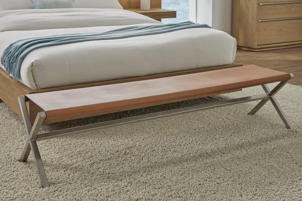 Onyx Modern Coastal Director's Style Leather Dining Bench in Cognac and Brushed Stainless Steel