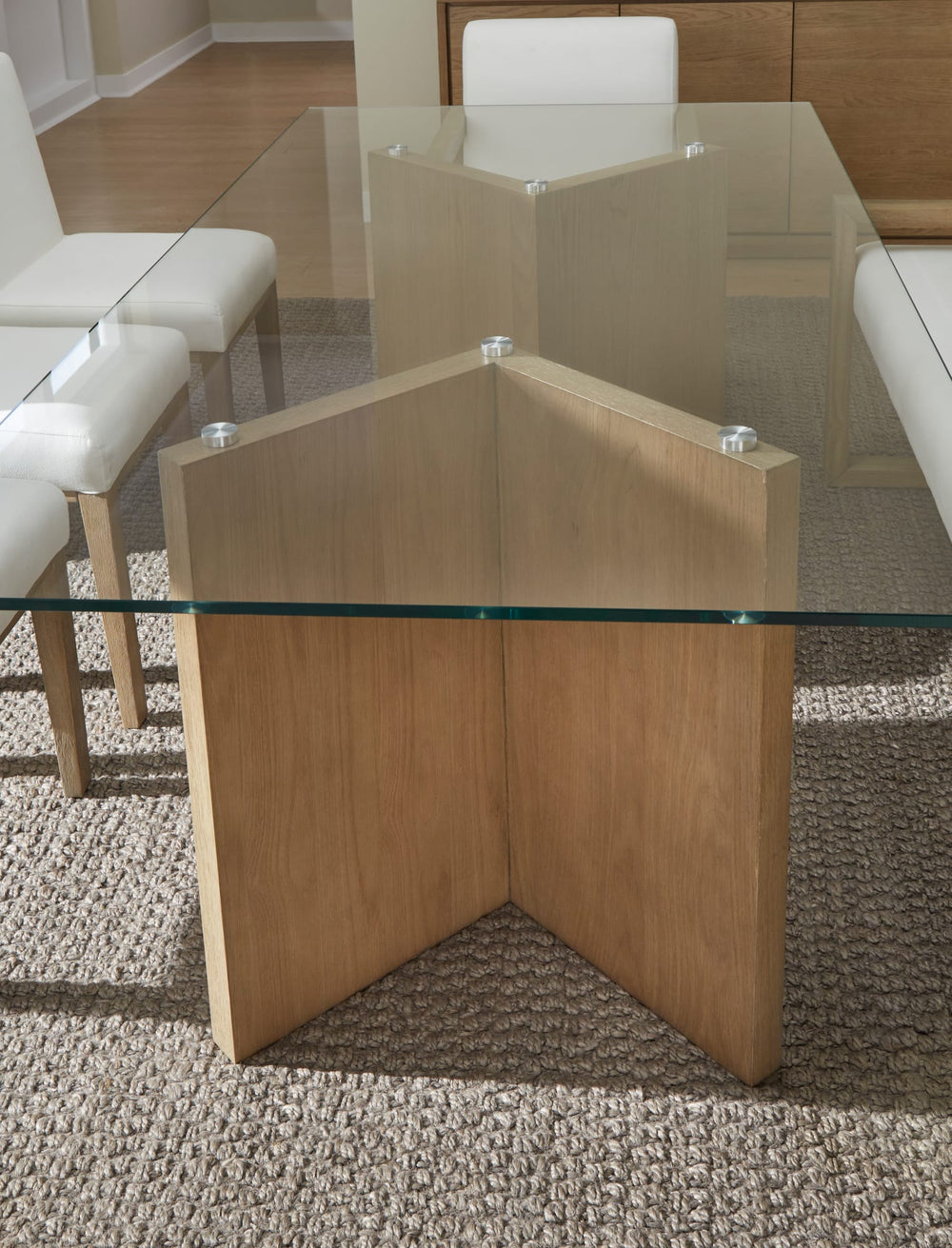 Onyx Modern Coastal Glass Top Dining Table in White Oak