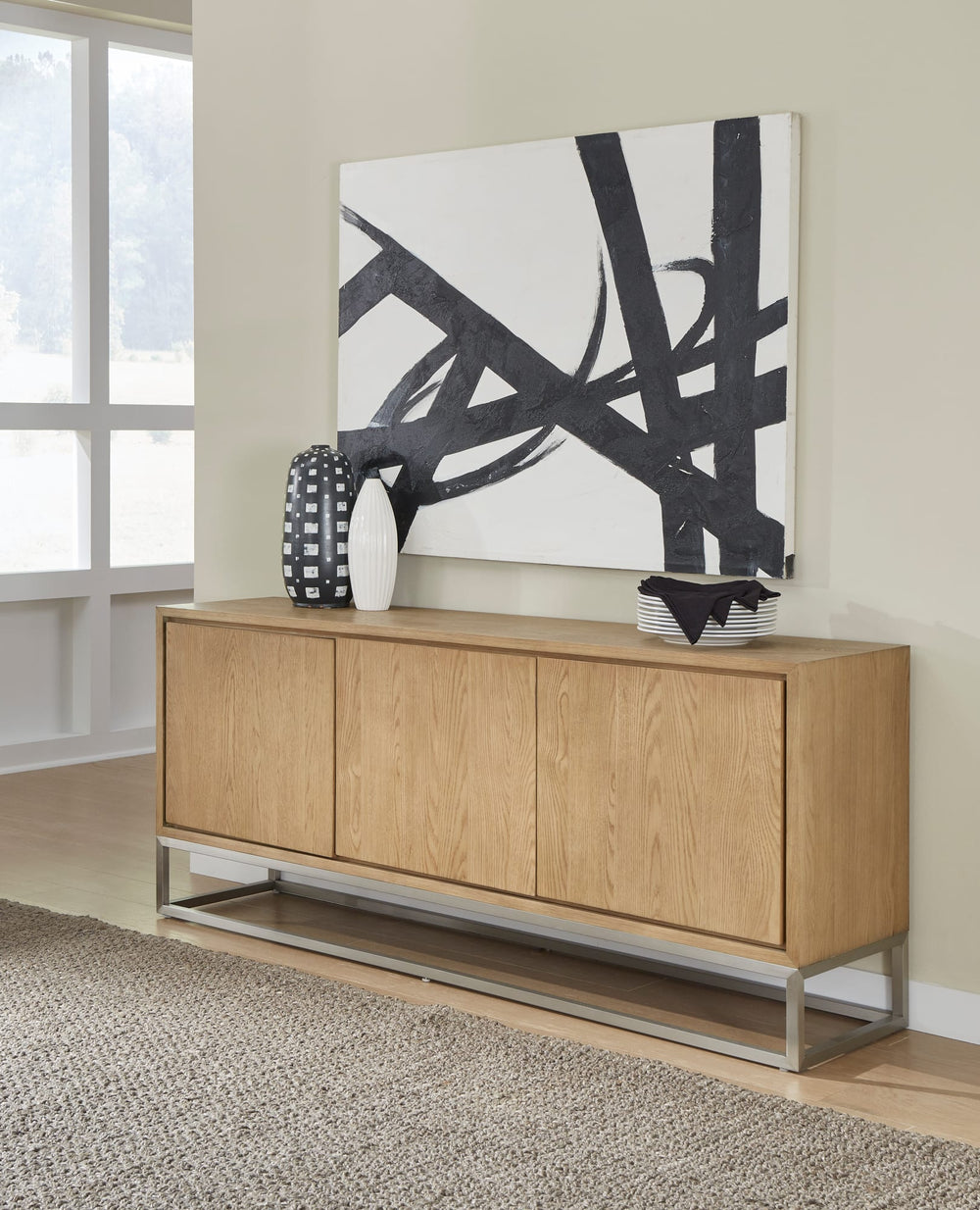 Onyx Modern Coastal Metal Base Sideboard in White Oak and Brushed Stainless Steel