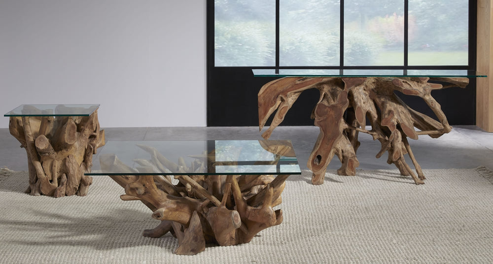 Onyx Solid Teak Root Glass Top Console Table - View 3