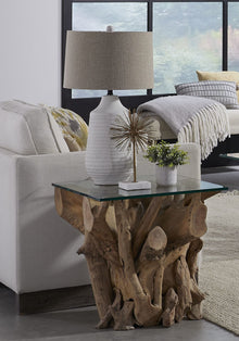 Onyx Solid Teak Root Glass Top End Table