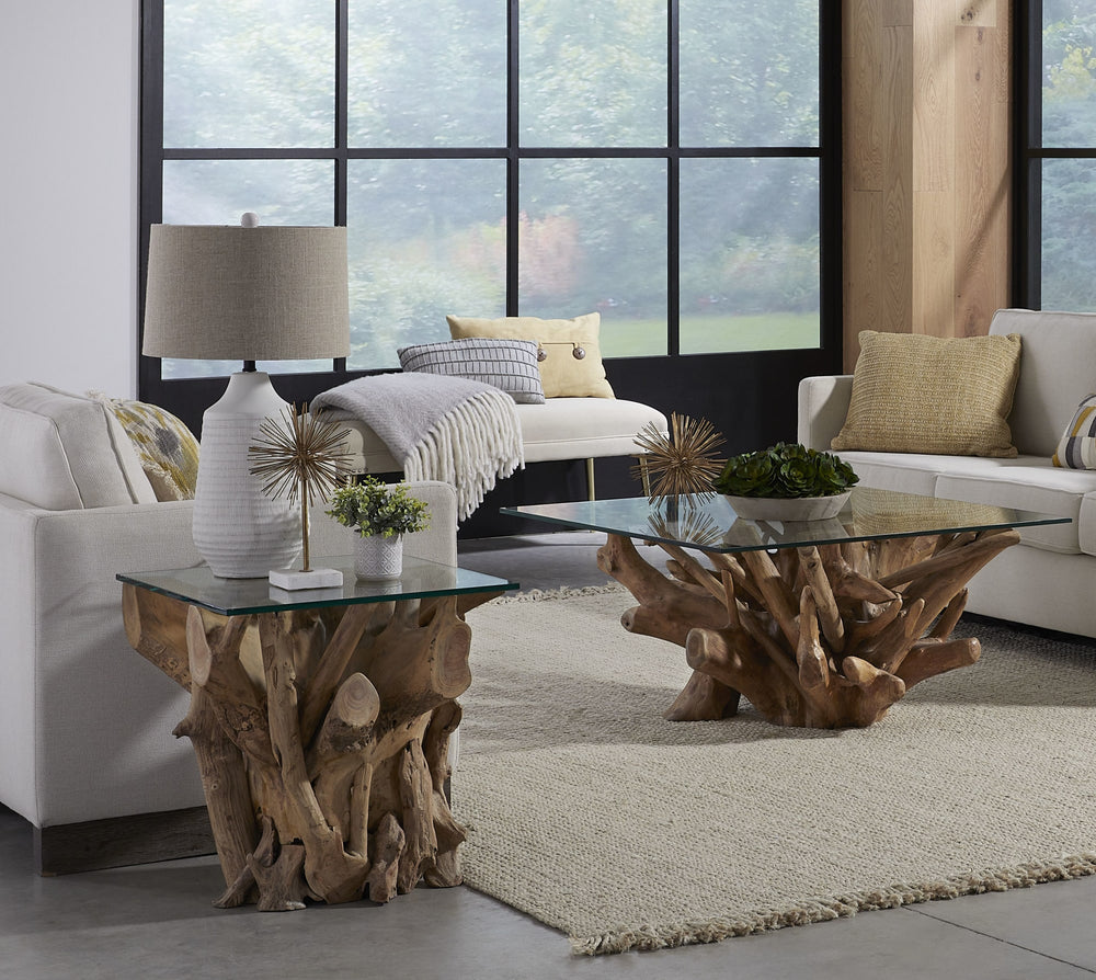 Onyx Solid Teak Root Glass Top End Table - View 2