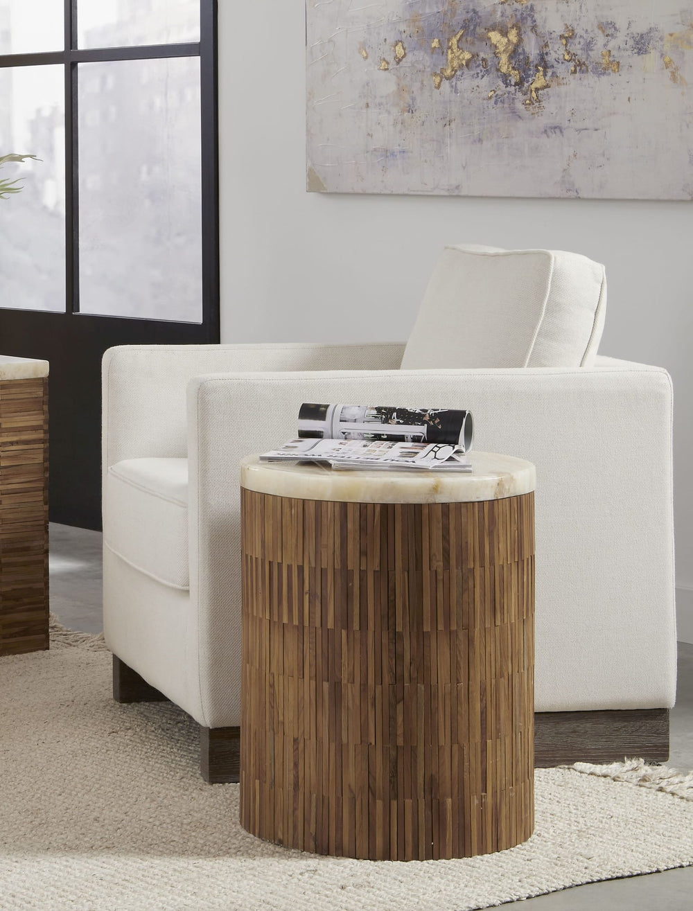 Onyx Stone Wood Tile Round End Table in Onyx and Solid Teak