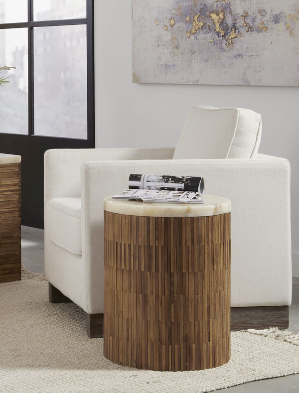 Onyx Stone Wood Tile Round End Table in Onyx and Solid Teak alternate view