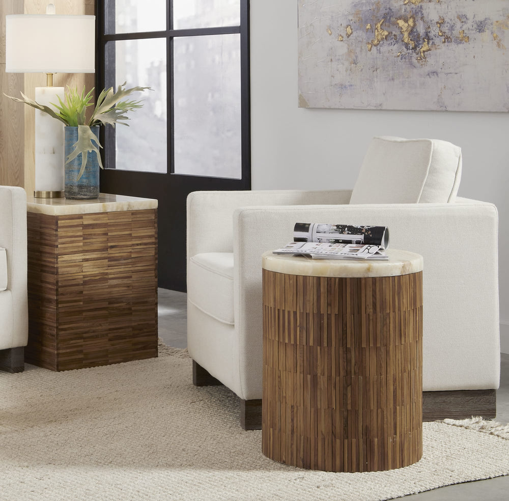 Onyx Stone Wood Tile Round End Table in Onyx and Solid Teak - View 3