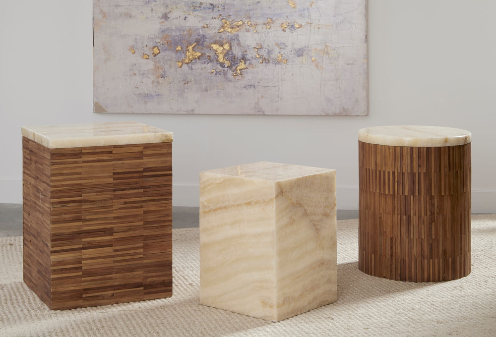 Onyx Stone Wood Tile Round End Table in Onyx and Solid Teak - View 5