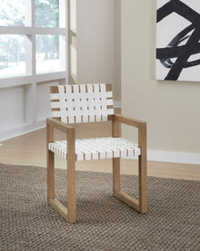 Onyx Woven Leather and Solid Wood Dining Arm Chair in White and Bisque