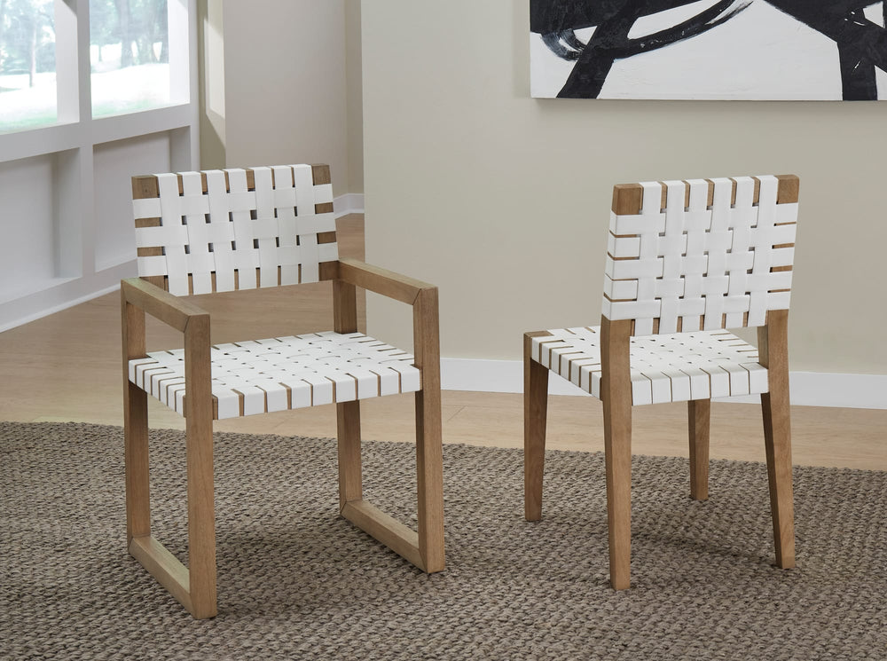 Onyx Woven Leather and Solid Wood Dining Arm Chair in White and Bisque - View 6