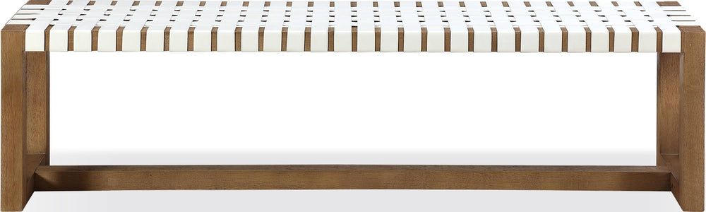 Onyx Woven Leather and Solid Wood Dining Bench in White and Bisque - View 2